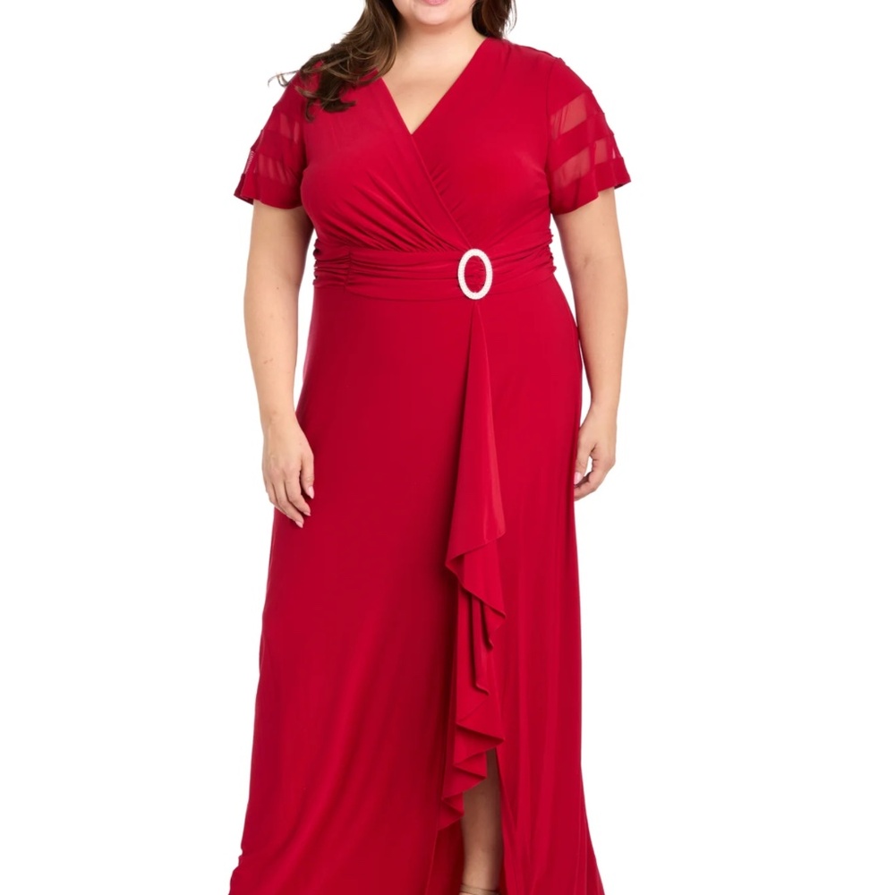 R&M Richards Long Dress with Ruffle Slit and Illusion Sleeves, size 16W